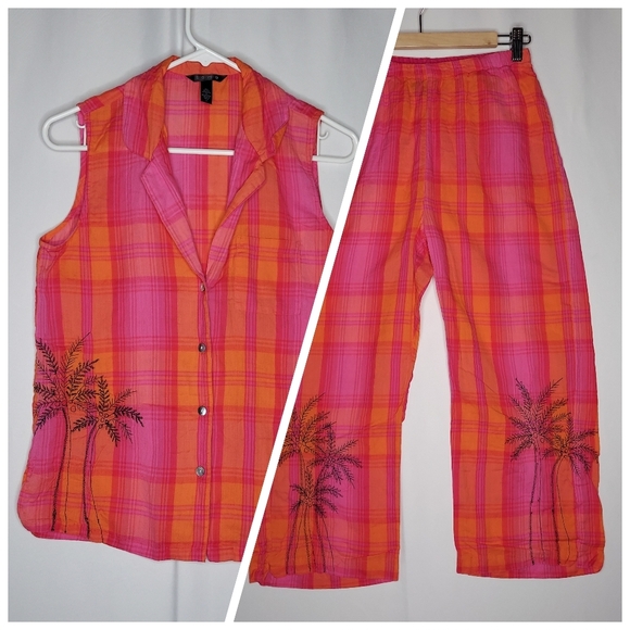 Soma Set Capri Sleeveless Plaid 0 Women Pink Orange Embroidered Tropical Cotton - Picture 1 of 14